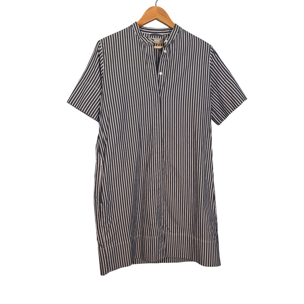 Everlane Womens Navy White Striped Band Collar Short Sleeve Mini Shirt Dress 6
